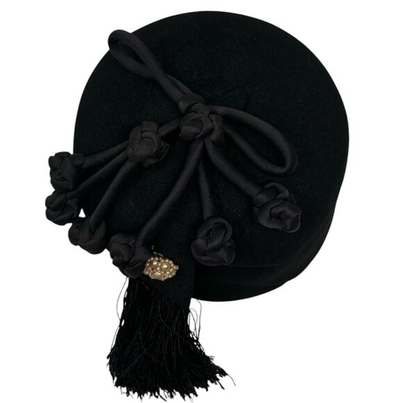Vintage French Black Cocktail Hat 1950s Toque Tassel Pearl Paris main image 8